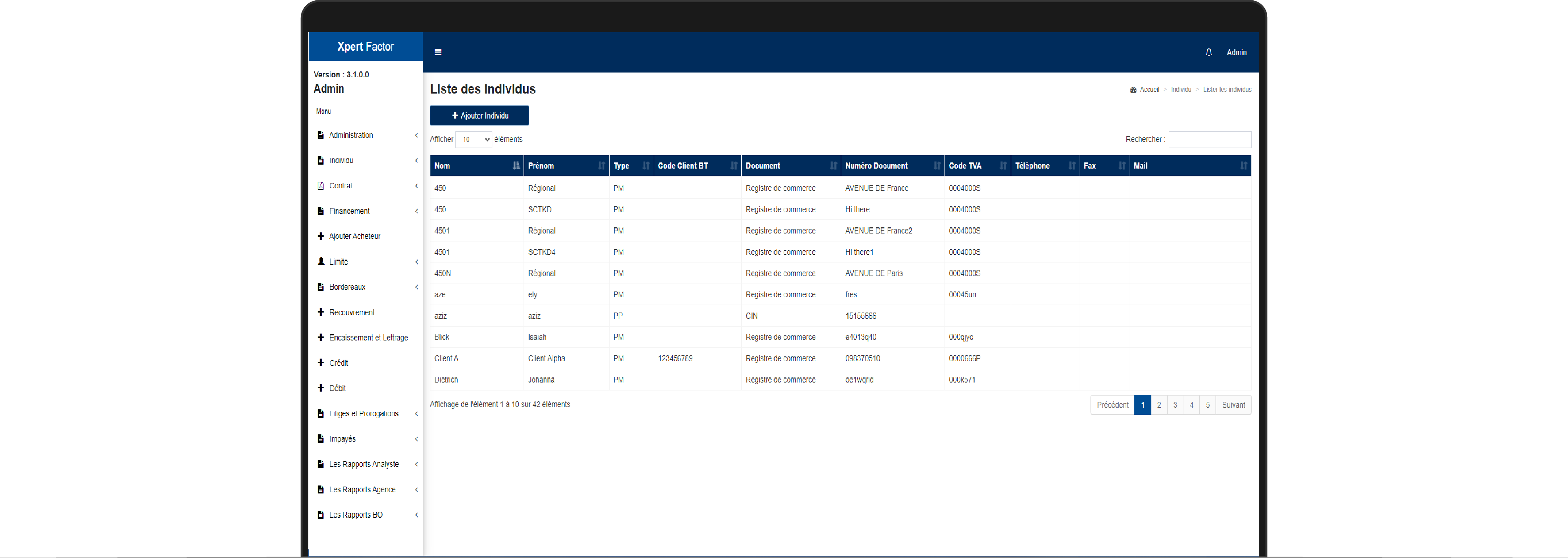 Tableau de bord de la solution de factoring Xpert Factor